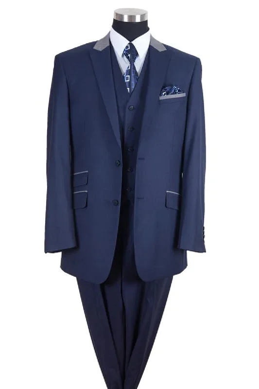 Mens 2 Button Vested Peak Lapel Contrast Collar Suit in Navy and Silver Grey Laid Laid Laid