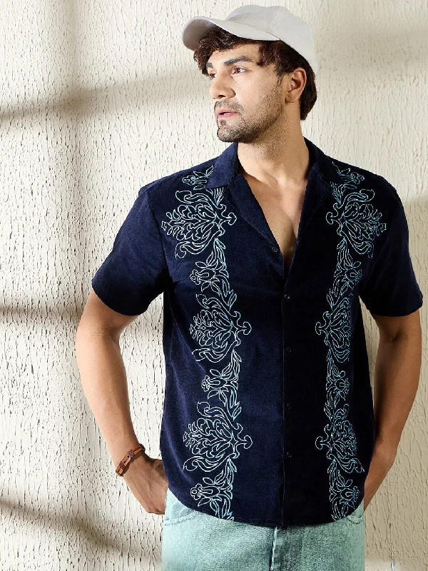 Navy Baroque Embroidered Cuban Corduroy Shirt Refined Men's Velvet Refined Men's Velvet