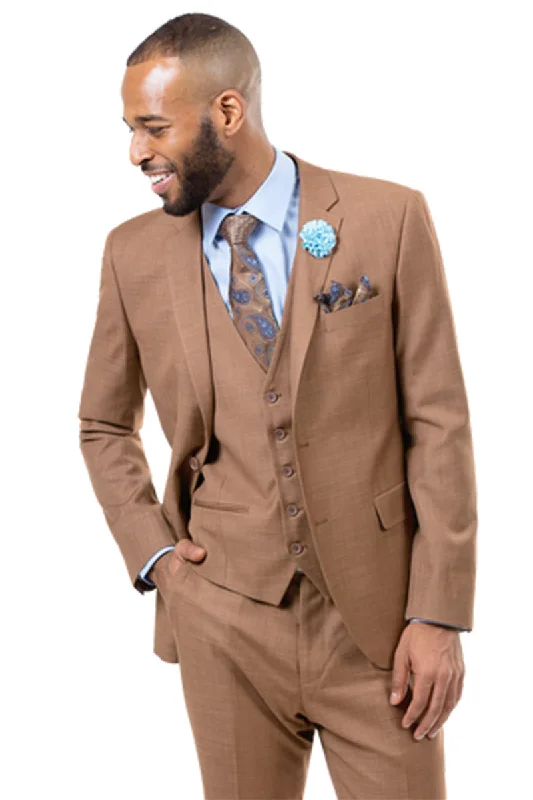 Mens Two Button Vested Sharkskin Weave Business Suit in Rust Brown Unique Men's Patch Unique Men's Patch Unique Men's Patch