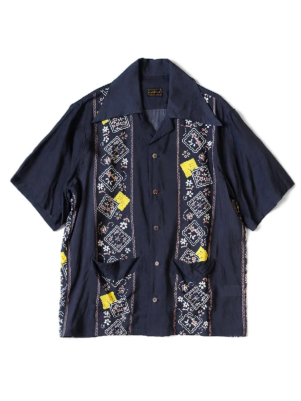 Kapital Silk Rayon PECKISH RAINBOWY WRANGLE Collar Cuba Shirt - Navy Refined Men's Hand Refined Men's Hand