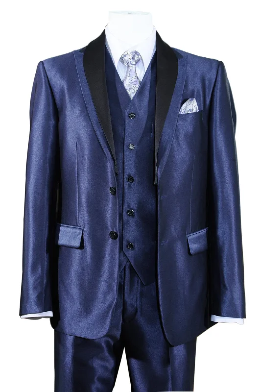 Mens 2 Button Vested Slim Fit Shiny Sharkskin Tuxedo Suit in Navy Blue Edgy Men's Punk Edgy Men's Punk Edgy Men's Punk