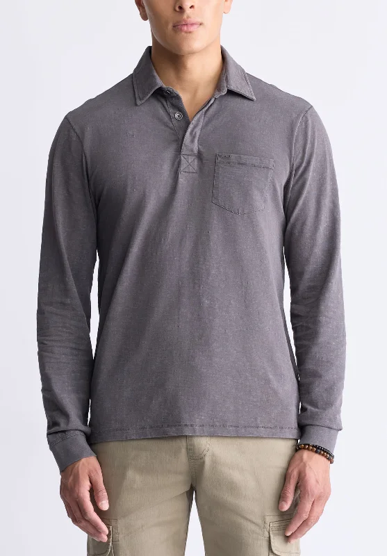 Kimmy Men's Long-Sleeve Polo with Pocket, Charcoal - BM24378 Sleek Men's Contemporary  Sleek Men's Contemporary 