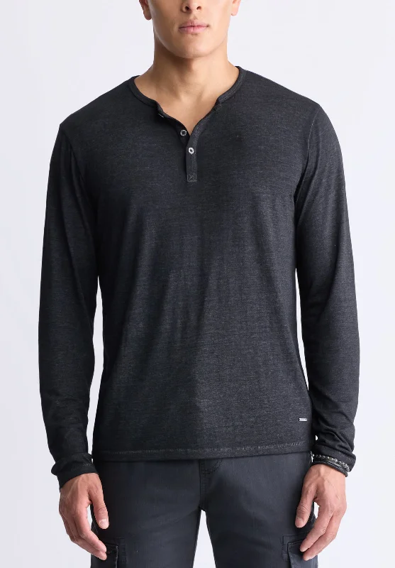 Kaduk Men's Long-Sleeve Burnout Henley Top, Black - BM24237 Business Business