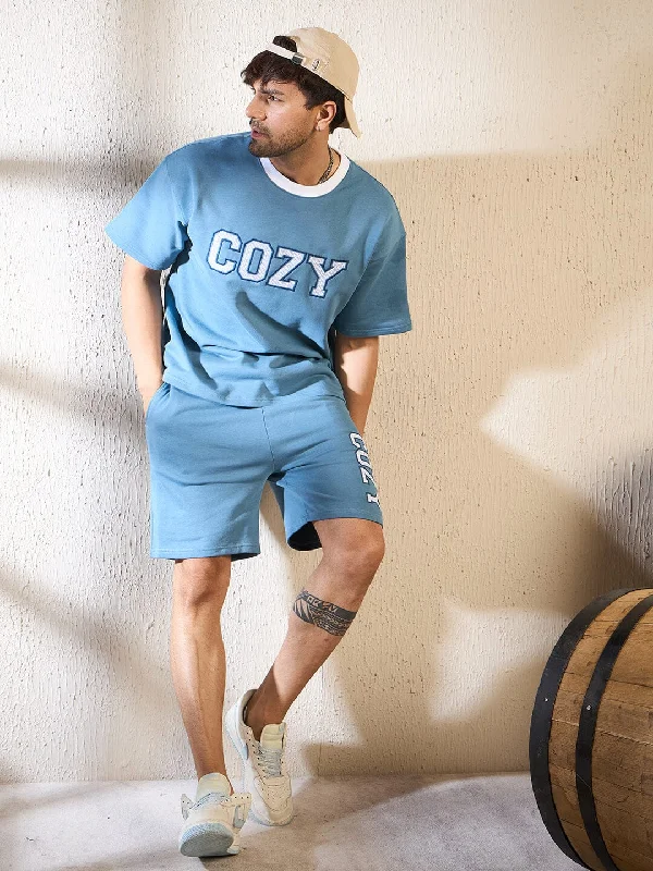 Blue Cozy Embroidered Oversized Tshirt & Shorts Clothing set Practical Men's Multi Practical Men's Multi