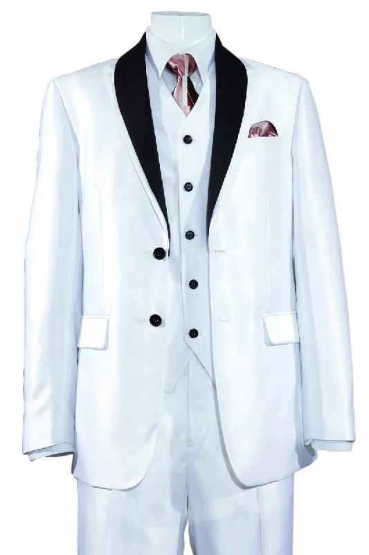 Mens 2 Button Vested Slim Fit Shiny Sharkskin Tuxedo Suit in White Gym Gym Gym