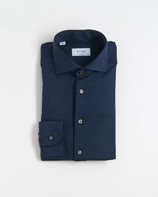 Navy Blue Solid Knitted Merino Contemporary Shirt Masculine Men's Thick Masculine Men's Thick