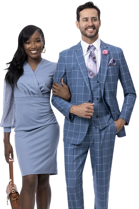 Mens One Button Fashion Vested Suit in Teal Blue Windowpane Plaid. Athletic Men's Compression Athletic Men's Compression Athletic Men's Compression