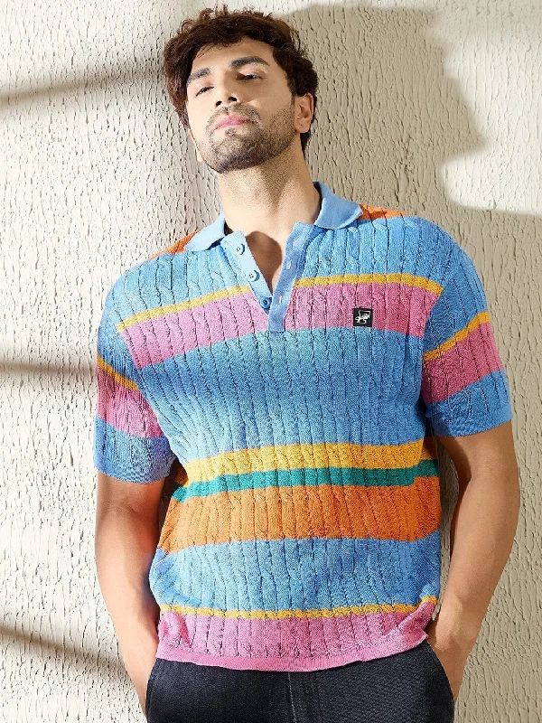 Sky Striped Cable Knit Polo Tshirt Stylish Men's Tropical  Stylish Men's Tropical 