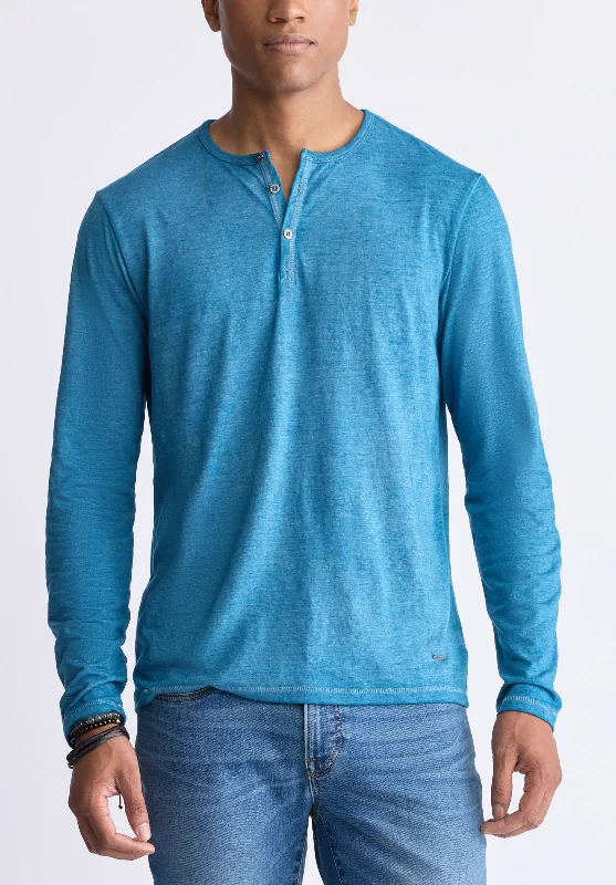 Kaduk Men's Long-Sleeve Burnout Henley Top, Atlantic Blue - BM24237 Polished Men's Silk Polished Men's Silk