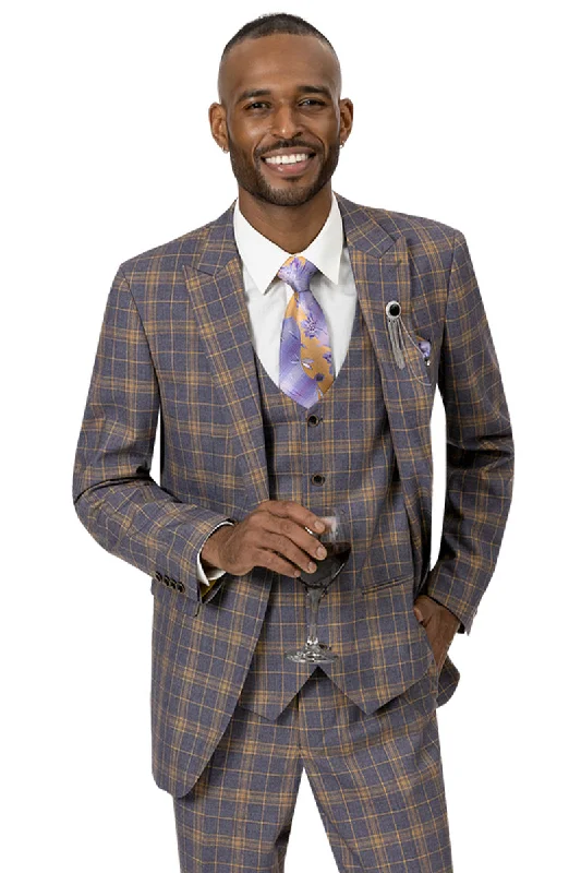 Mens Two Button Modern Fit Peak Lapel Vested Suit in Dark Lavender & Gold Windowpane Plaid Hip Men's Retro Hip Men's Retro Hip Men's Retro