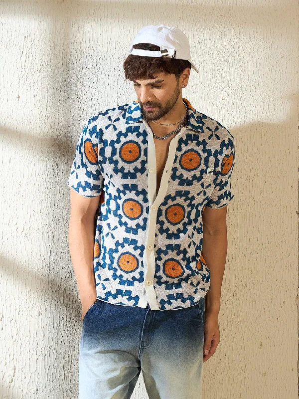 Navy & Orange Symmetrical Graphic Crochet Shirt Masculine Men's  Masculine Men's 