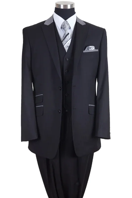 Mens 2 Button Vested Peak Lapel Contrast Collar Suit in Black and Grey Street Street Street