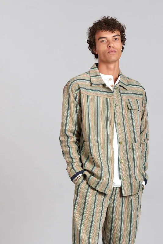 LANDON - Organic Cotton Jacket Green Stripe Casual Men's Loose Casual Men's Loose