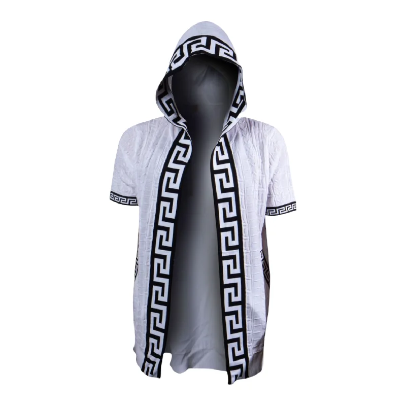 Prestige Greek Key 3/4 Length Knit Hoodie (White) 121 Dynamic Men's Moto Dynamic Men's Moto