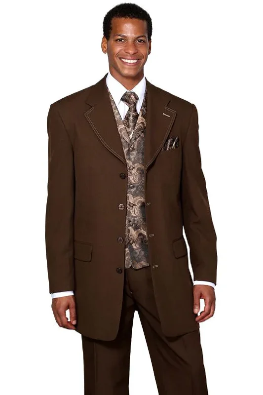 Mens 4 Button Long Vested Fashion Suit in Brown with Paisley Vest Luxurious Men's High Luxurious Men's High Luxurious Men's High