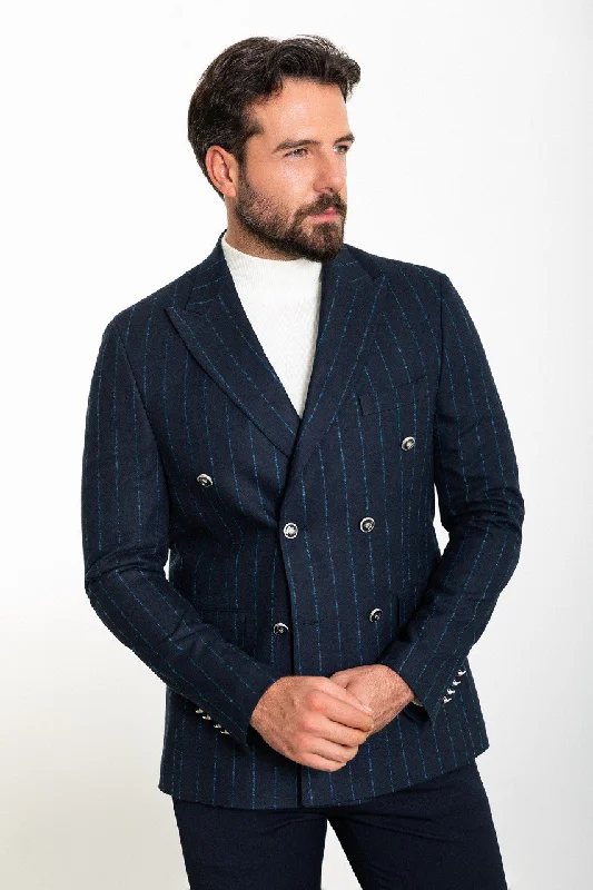 Bojoni Torretta Slim Fit Navy Double Breasted Striped Blazer Casual Men's Japanese  Casual Men's Japanese 