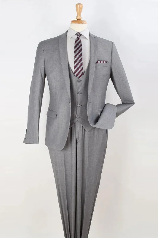 Mens One Button Slim Fit Vested Peak Lapel Skinny Suit in Light Grey Streetwear Style Streetwear Style Streetwear Style