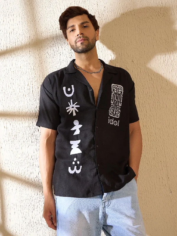 Black Elements Embroidered Cuban Shirt Unique Men's Upcycled Unique Men's Upcycled