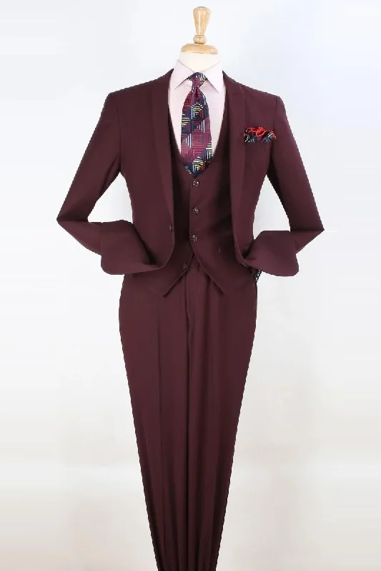 Mens One Button Slim Fit Vested Peak Lapel Skinny Suit in Burgundy Preppy Men's College Preppy Men's College Preppy Men's College