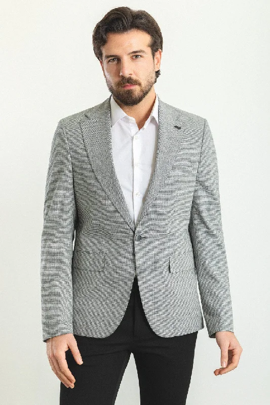 Bojoni Torretta Slim Fit Grey Plaid Blazer Polished Men's Silk Polished Men's Silk