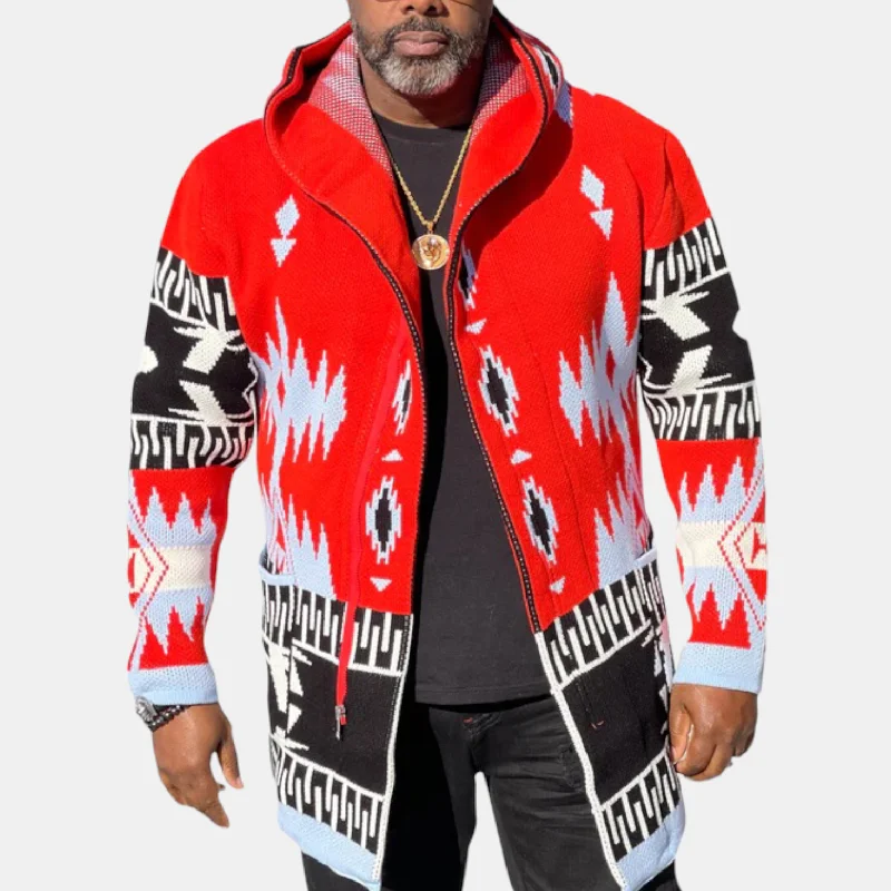 Tribal Cardigan Sweater 3/4 Length (Red/Black/Blue) OIM Elegant Men's Cashmere Elegant Men's Cashmere