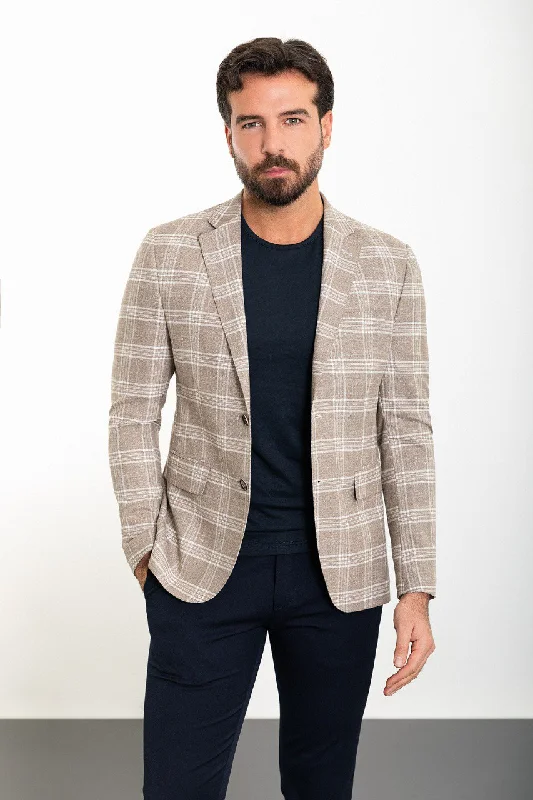 Bojoni Torretta Slim Fit Beige Plaid Blazer Elegant Men's Cashmere Elegant Men's Cashmere