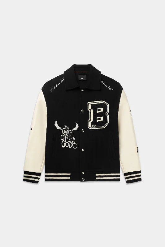 Game of the Gods Graffiti Box Fit Varsity Jacket Jet Black Refined Men's Velvet Refined Men's Velvet