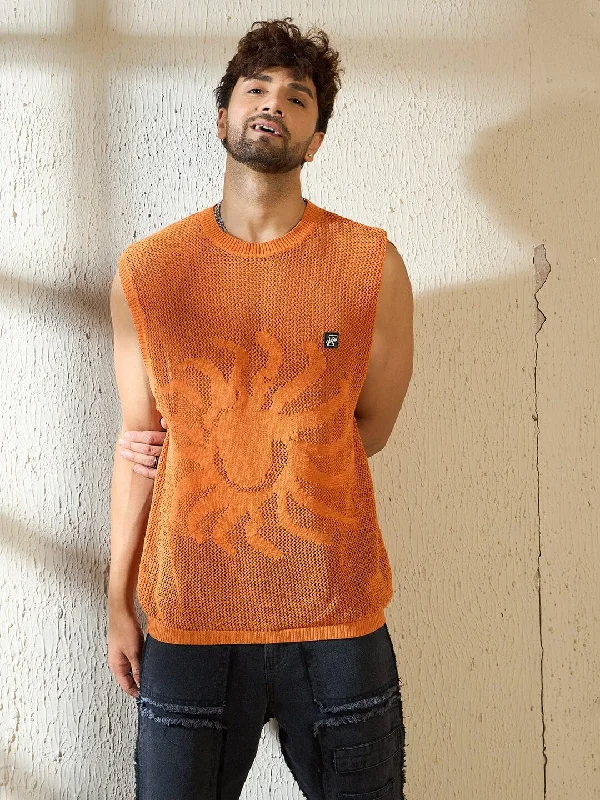 Rust Sun Graphic Crochet Vest Unique Men's Patch Unique Men's Patch