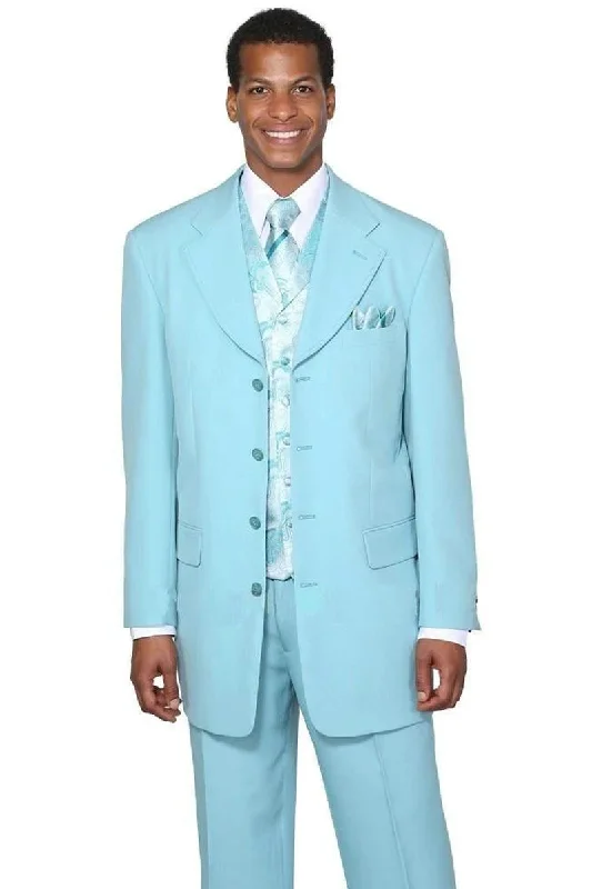 Mens 4 Button Long Vested Fashion Suit in Sky Blue with Paisley Vest Cool Men's Skate Cool Men's Skate Cool Men's Skate