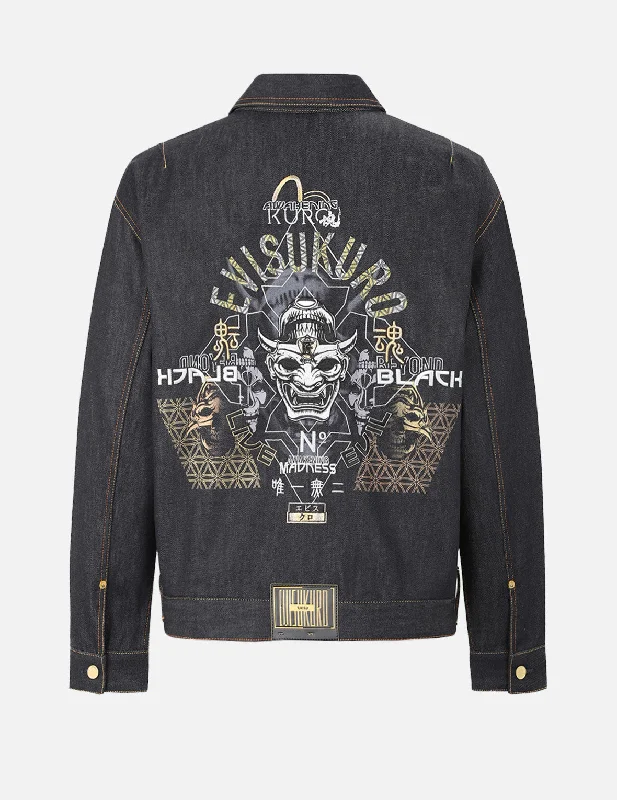 Hannya and Logo Embroidered Denim Jacket Rugged Men's Outdoor  Rugged Men's Outdoor 