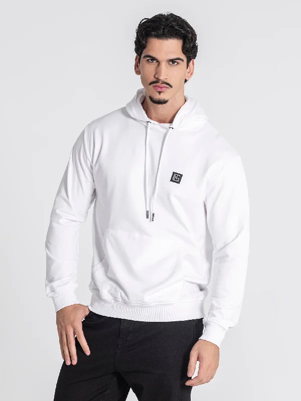 White GK Plaque Hoodie Sleek Men's Metallic Sleek Men's Metallic