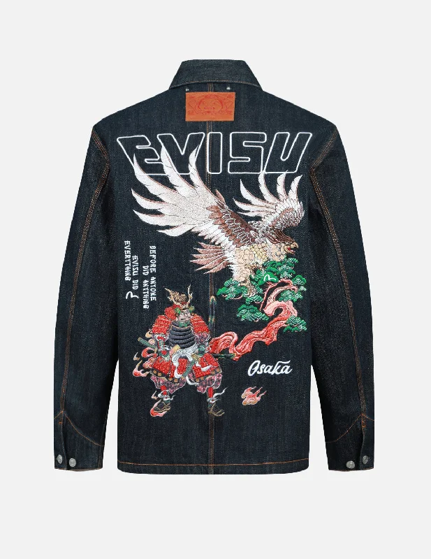 Eagle and Samurai Embroidery Retro Denim Jacket Traditional Men's Country Traditional Men's Country