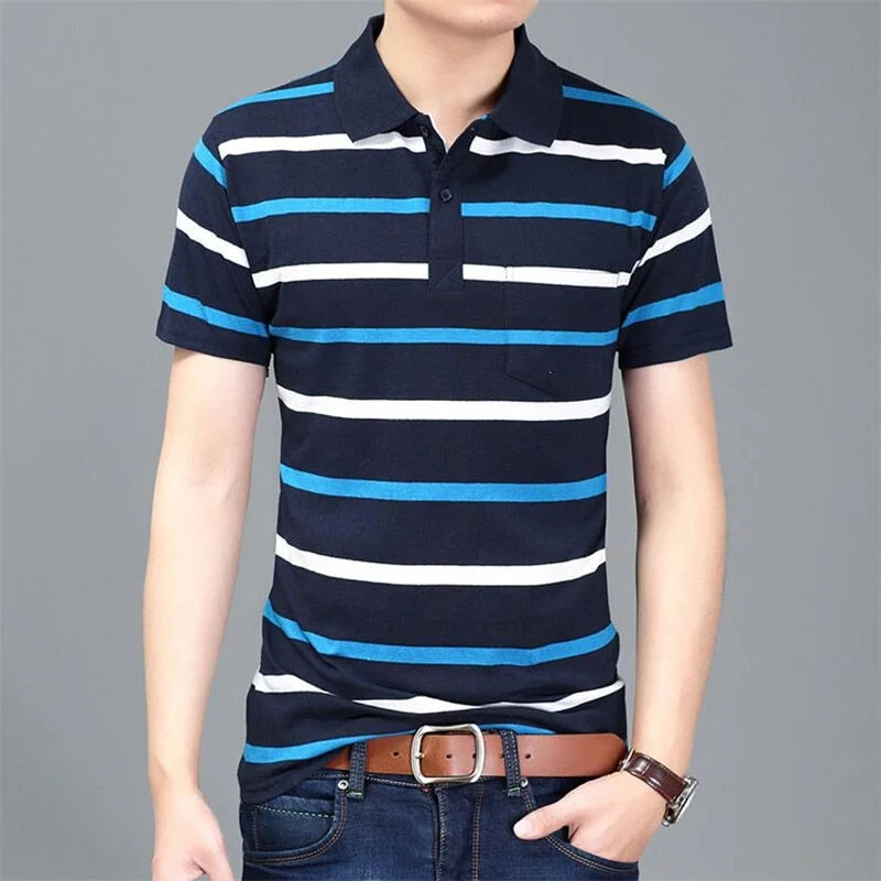 Casual cotton gentleman Men POLO Shirt Cotton pocket decoration Striped Polo Homme Summer Short-sleeve Camisa Polo Slim Fit Tee Cool Men's Distressed Cool Men's Distressed