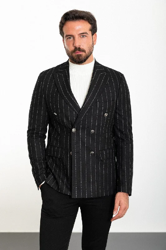 Bojoni Torretta Slim Fit Black Double Breasted Striped Blazer Dapper Men's 1920S Dapper Men's 1920S