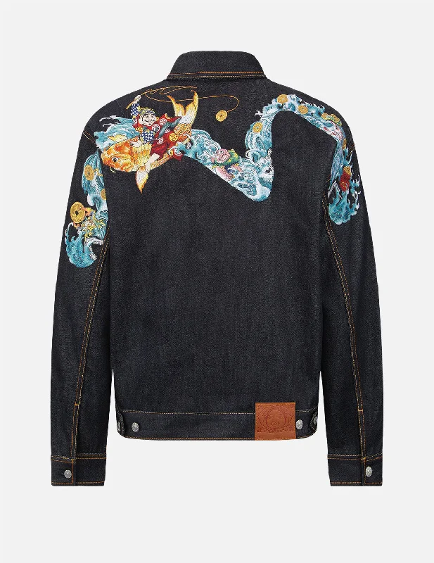 “The God of Fortune Riding Waves” Daicock Embroidery Denim Jacket Tough Men's Military Tough Men's Military