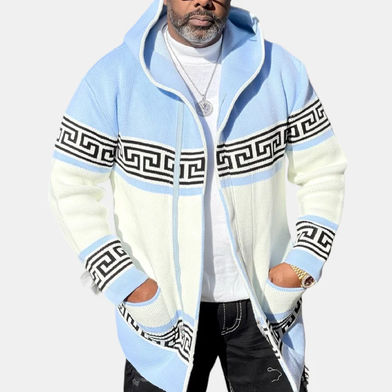 Quarton Cardigan Sweater 3/4 Length (Ice Blue/White) OIM Confident Men's Power Confident Men's Power