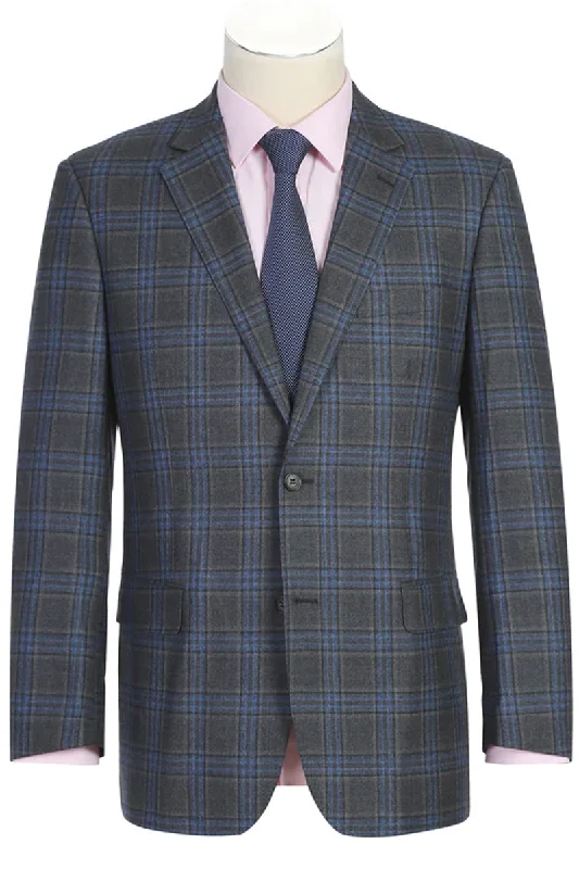 Mens Two Button Classic Fit Vested Wool Suit in Grey & Blue Windowpane Plaid Refined Men's Velvet Refined Men's Velvet Refined Men's Velvet