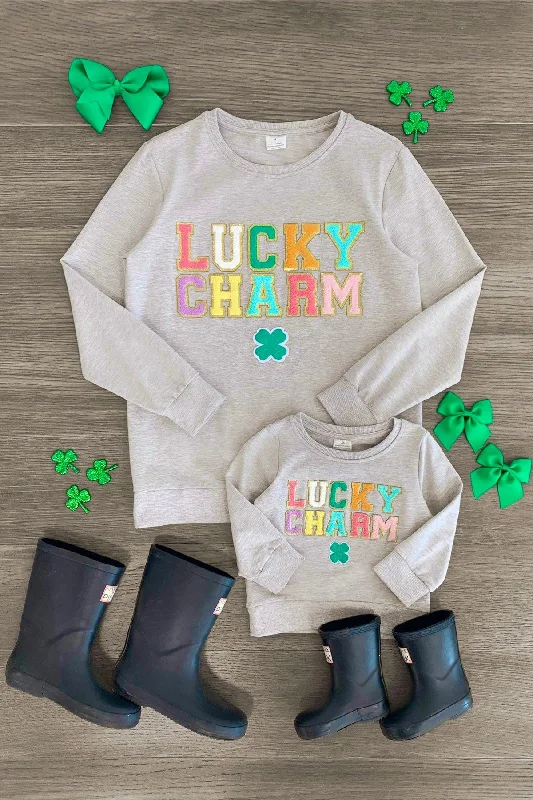 Mom & Me - "Lucky Charm" Gray Chenille Patch Top Laid