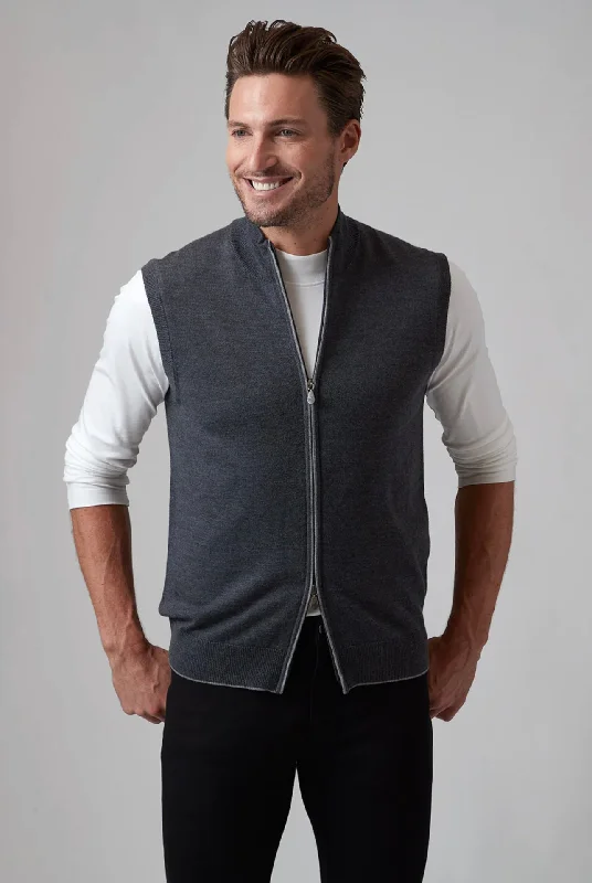 MERINO WOOL ZIP VEST - CHARCOAL Elegant Men's Formal 