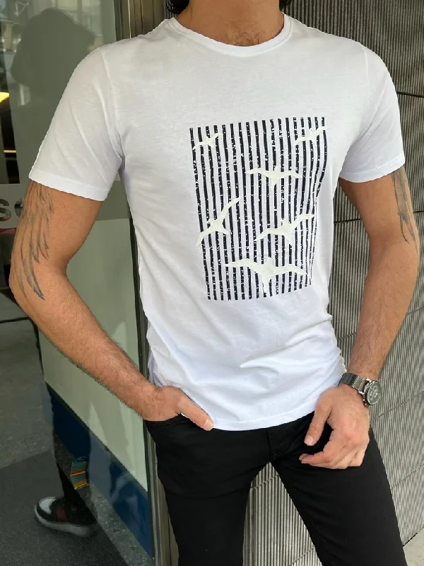 Bojoni Veneta Slim Fit Crew Neck Printed White Tees Bohemian Men's Free Bohemian Men's Free