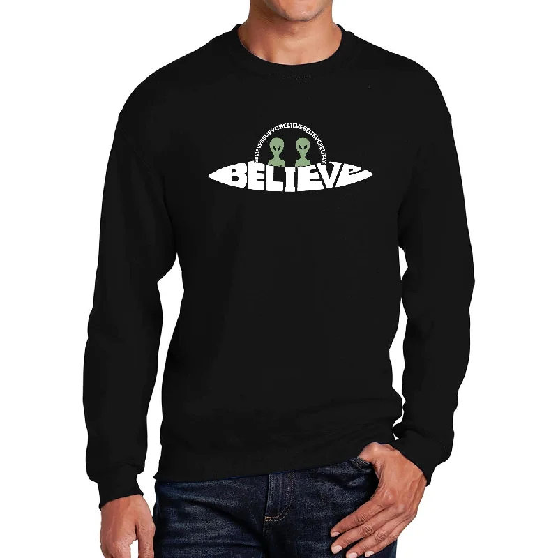 LA Pop Art Men's Word Art Crewneck Sweatshirt - Believe UFO Earthy Men's Sustainable  Earthy Men's Sustainable  Earthy Men's Sustainable 