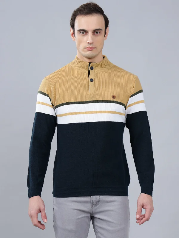 Men's Mustard Striped Full Sleeve Sweater Laid Laid Laid