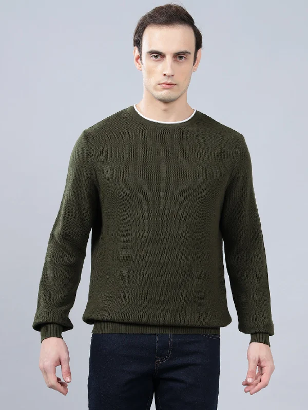 Men's Olive Green Self Design Full Sleeve Sweater Confident Men's High Confident Men's High Confident Men's High