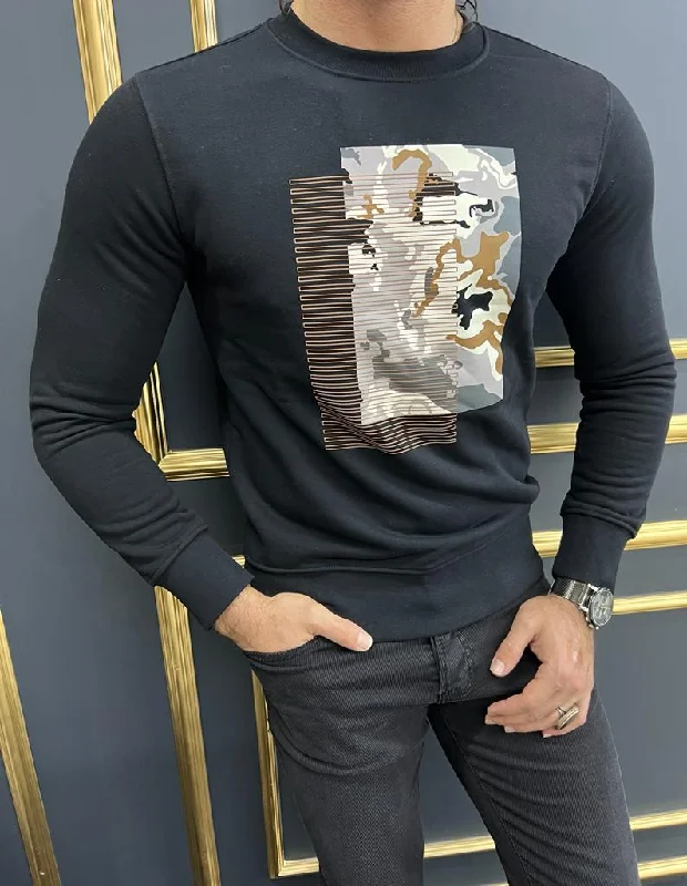 Rick Slim Fit Printed Crew Neck Black Sweater Elegant Men's Cashmere Elegant Men's Cashmere