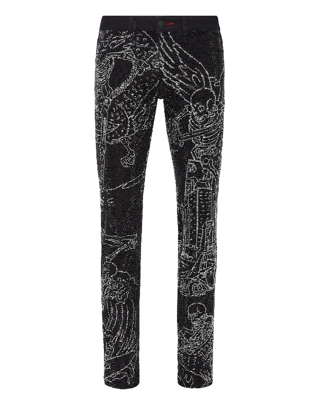 Denim Trousers Super Straight Cut Strass Skeleton tattoo with Crystals Athletic Men's Compression Athletic Men's Compression