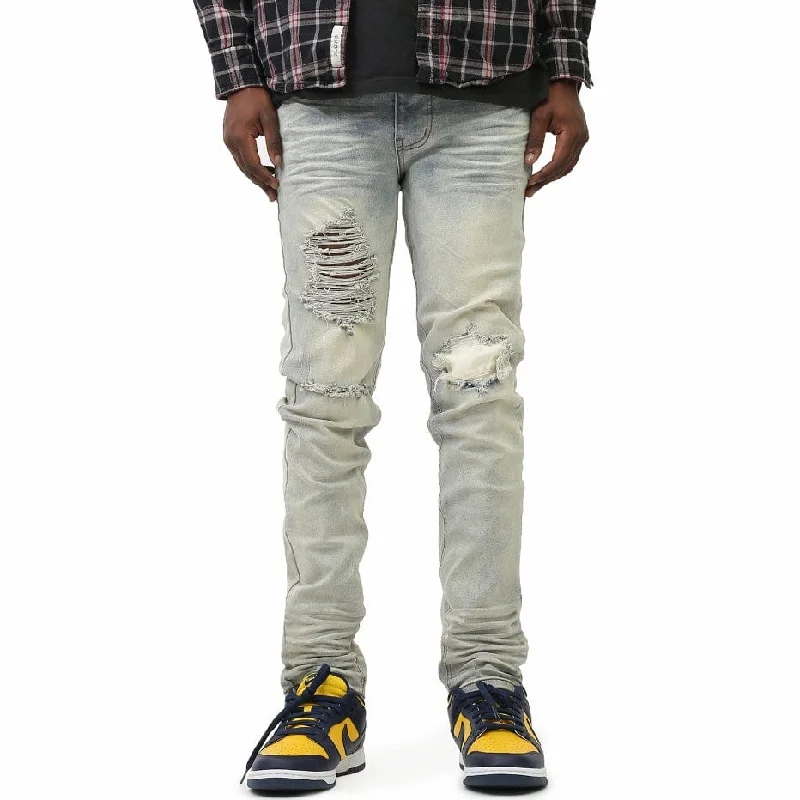 Kdnk Distressed & Patched Jeans (Vintage Light Blue) KND4421 Sleek Men's Metallic Sleek Men's Metallic